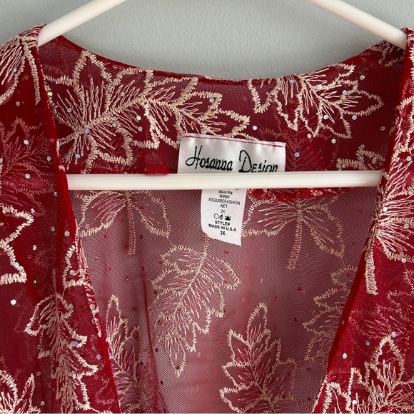VTG Hosanna Design USA Red Leaf Pattern Beaded Semi Sheer Plus Size Top 2X - Picture 6 of 6
